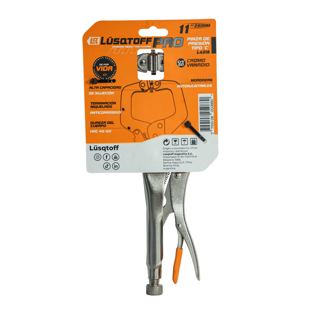 Pinza Presión Tipo C 11" 280mm Mordazas Autoajustables Cromo Vanadio L4318 - Lusqtoff