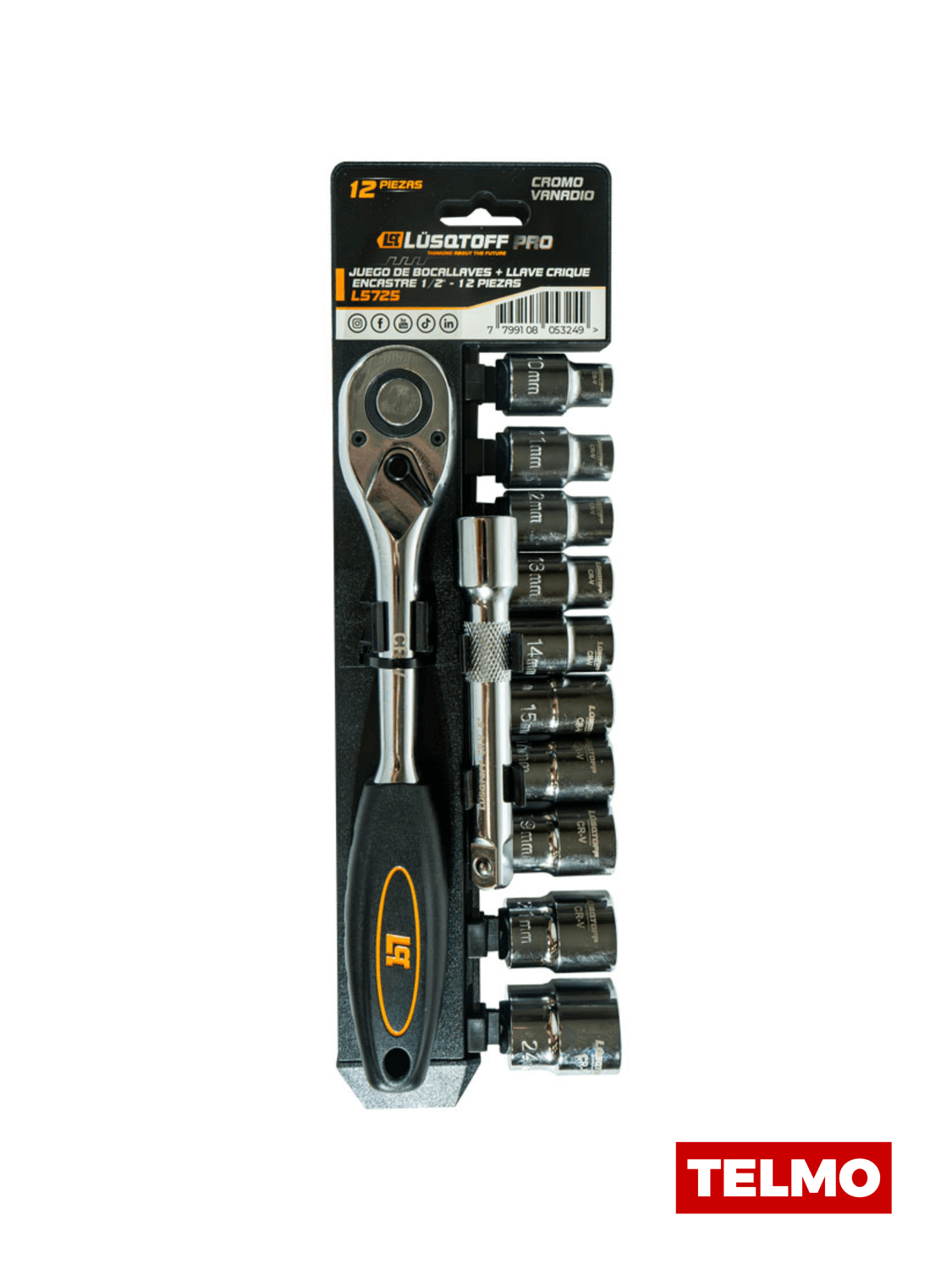 Set Tubos Bocallaves Herramientas 1/2" 10-24mm Crique Extensión 12 Piezas L5725 - Lusqtoff, foto real