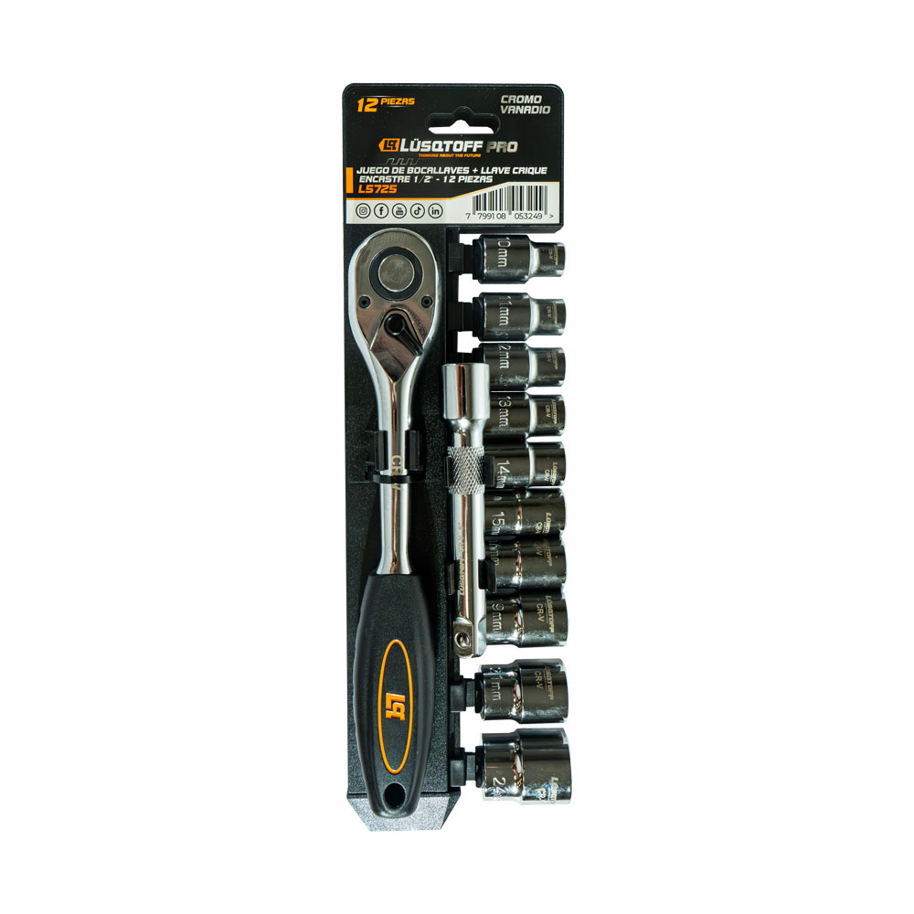 Set Tubos Bocallaves Herramientas 1/2" 10-24mm Crique Extensión 12 Piezas L5725 - Lusqtoff