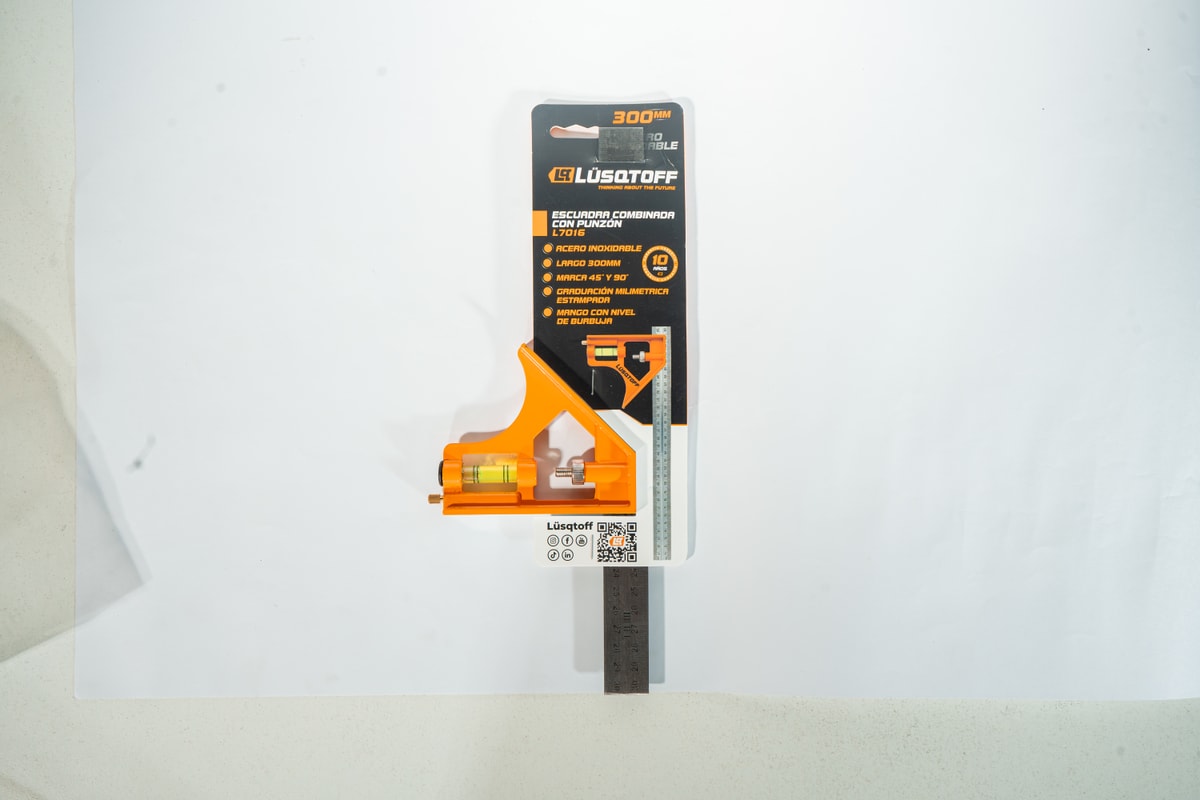 Escuadra Combinada Punzón 12" 300mm 45° 90° Nivel Burbuja Acero Inoxidable L7016 - Lusqtoff