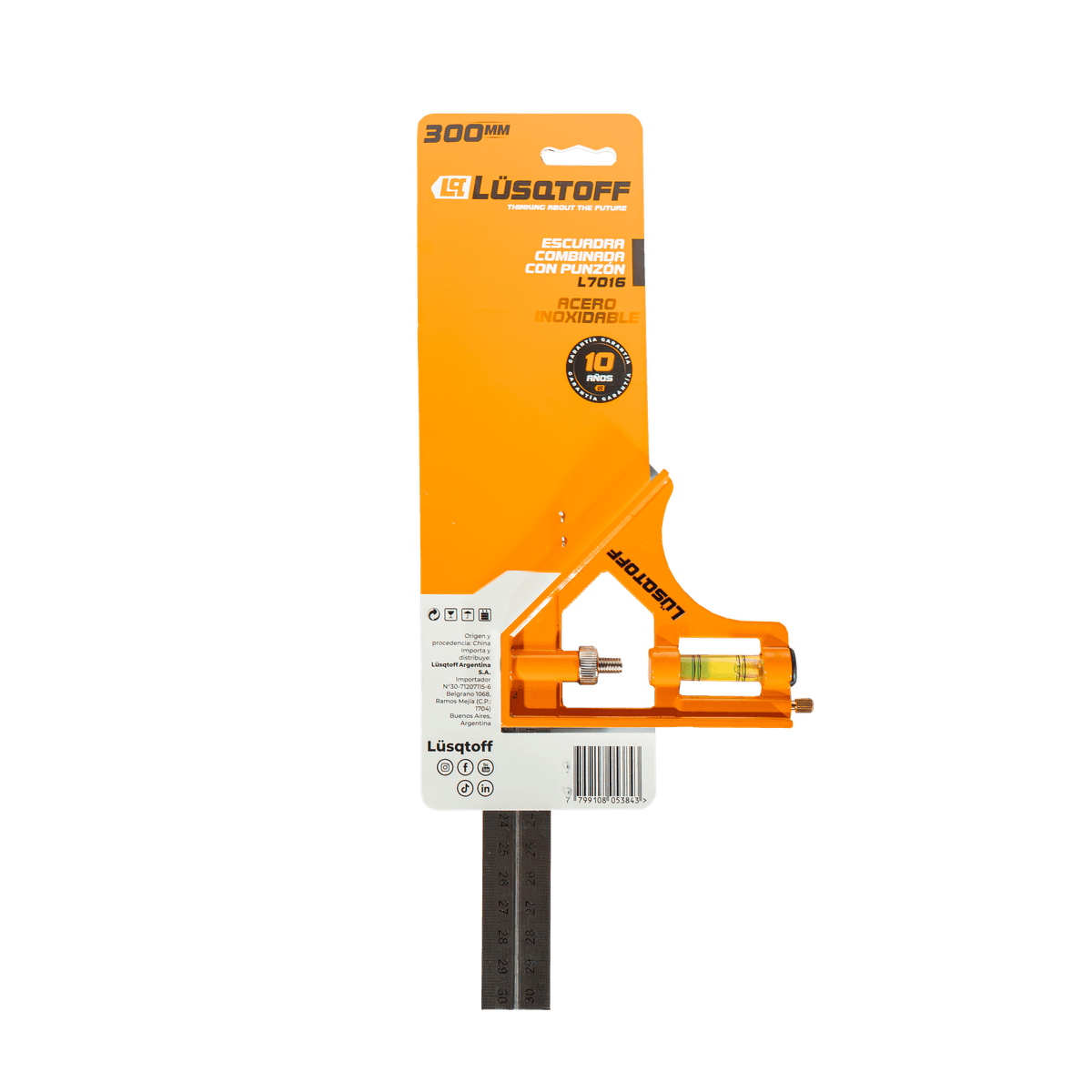Escuadra Combinada Punzón 12" 300mm 45° 90° Nivel Burbuja Acero Inoxidable L7016 - Lusqtoff