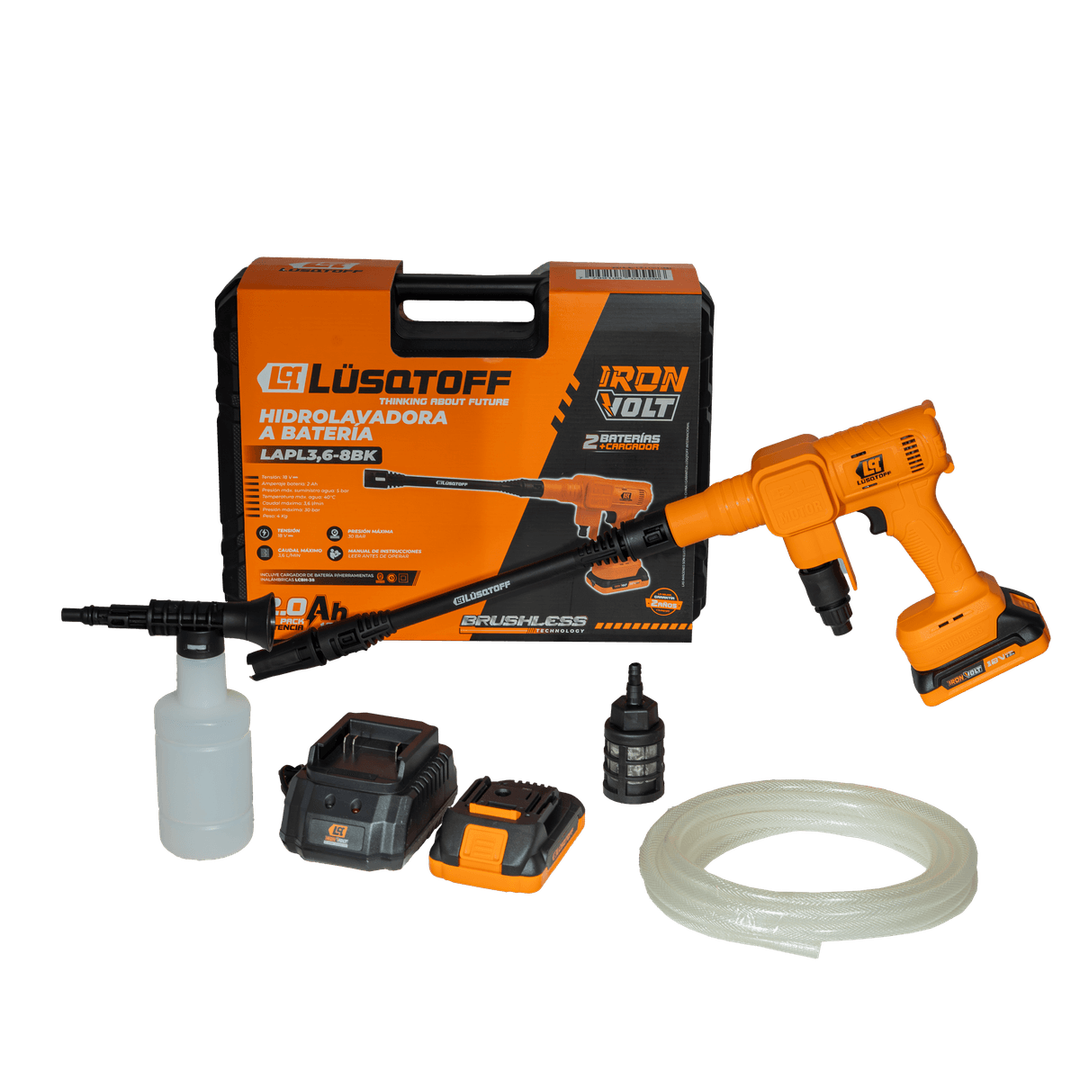 Hidrolavadora A Batería Brushless 18V 30 Bar 3,6 L/min + 2 Baterías 2Ah + Cargador + Maletín LAPL3.6-8BK - Lusqtoff