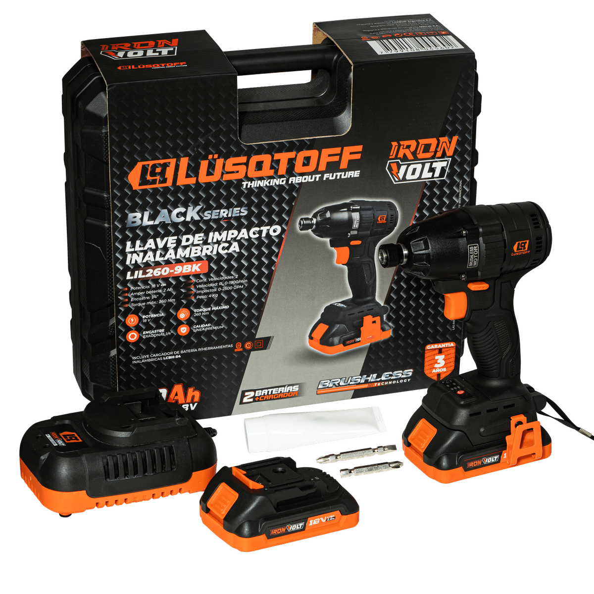 Atornillador de Impacto A Batería 1/4" Hexagonal Brushless 260Nm 18V + 2 Baterías 2Ah + Cargador + Maletín LIL260-9BK - Lusqtoff