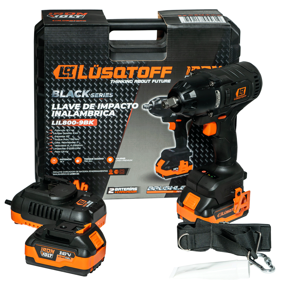 Llave de Impacto Brushless 18V 750Nm 1/2" + 2 Baterías 4Ah + Cargador + Maletín LIL800-9BK - Lusqtoff