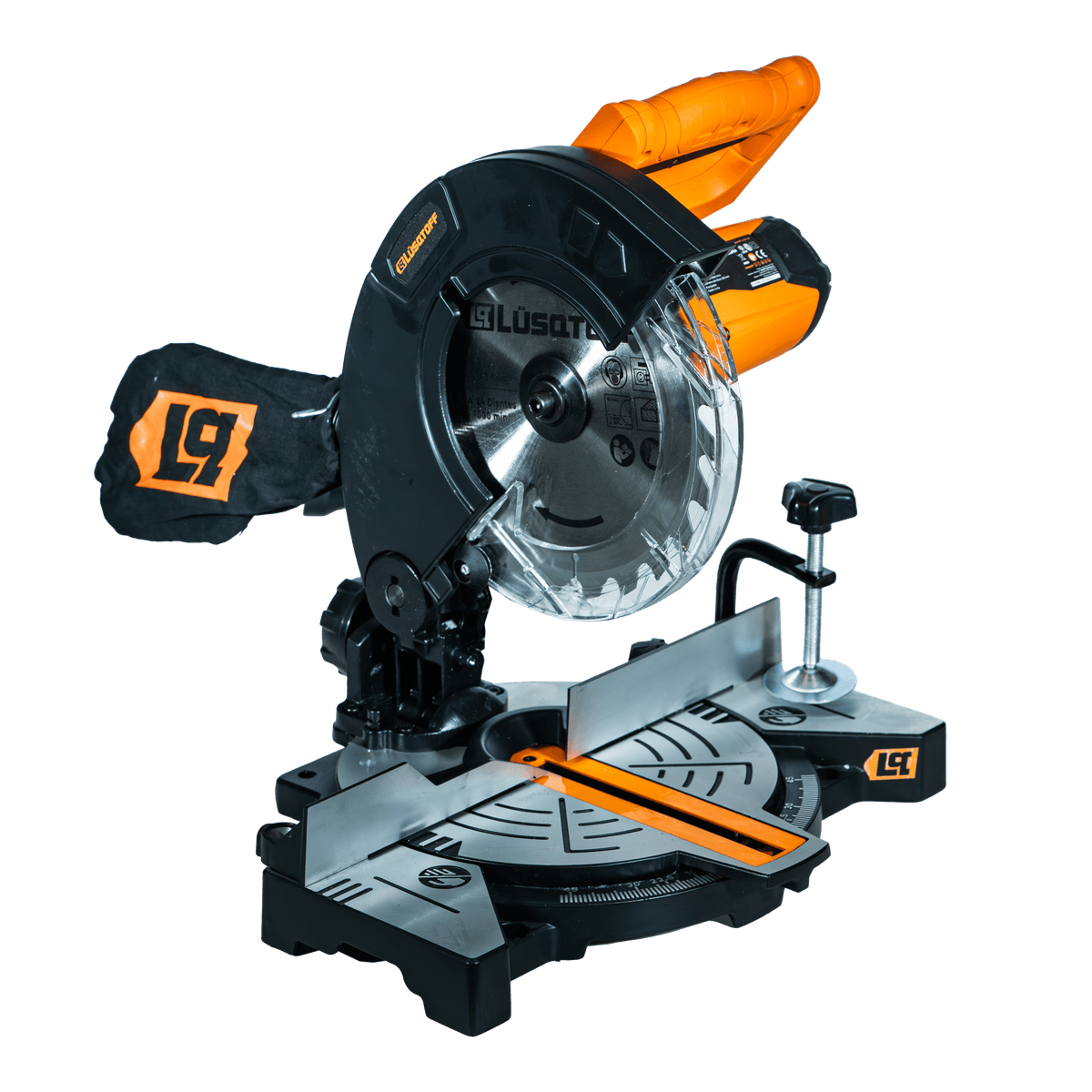 Sierra Ingletadora Banco 1250W 210mm 8" Corte 120x60mm 5500 RPM Inglete 0-45° + Disco 24 Dientes + Morsa LQI1250-8 - Lusqtoff