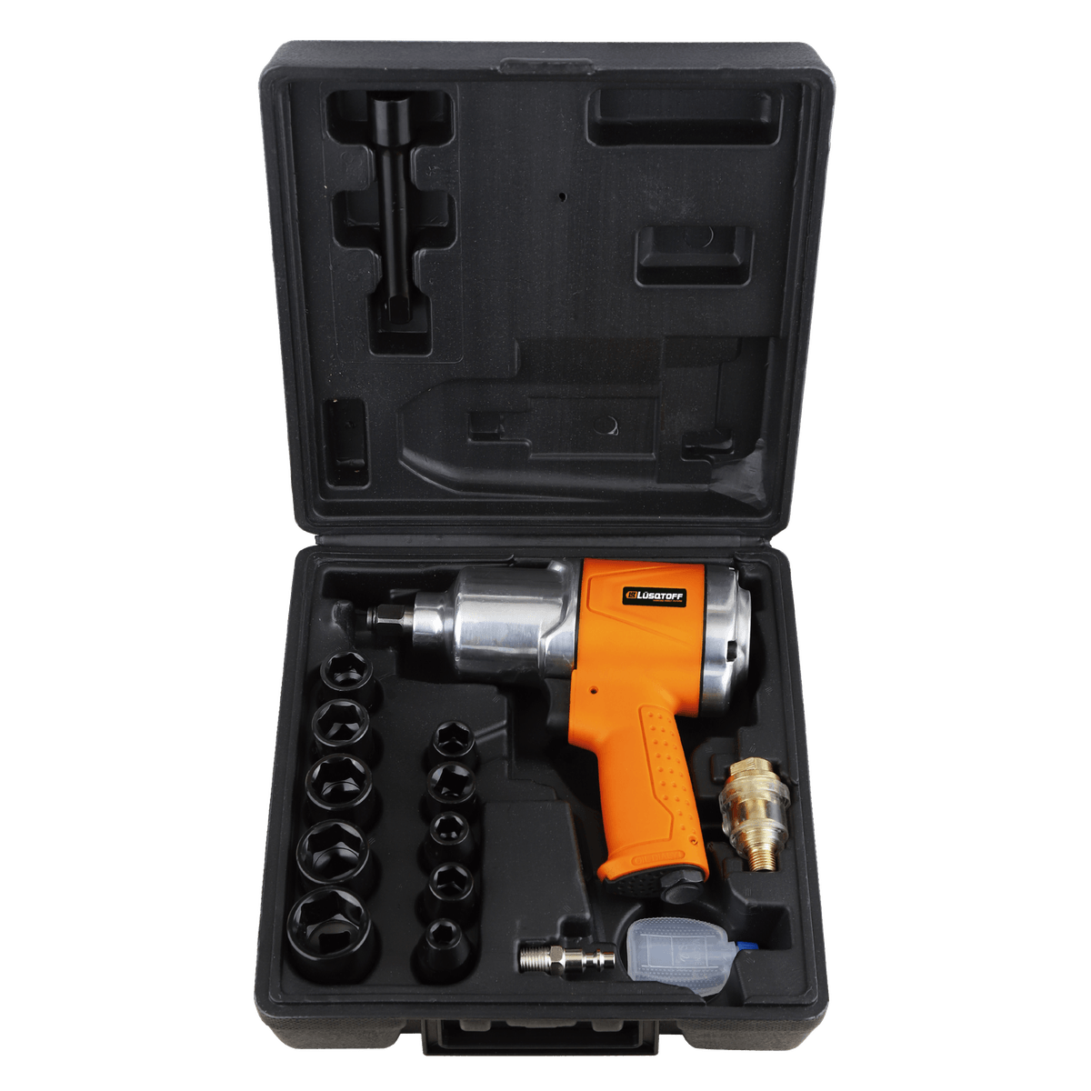Llave de Impacto Neumática 1/2" 310Nm 7000 RPM 90 PSI + 10 Bocallaves + Extensión + Filtro Lubricador + Maletín LX-001 - Lusqtoff