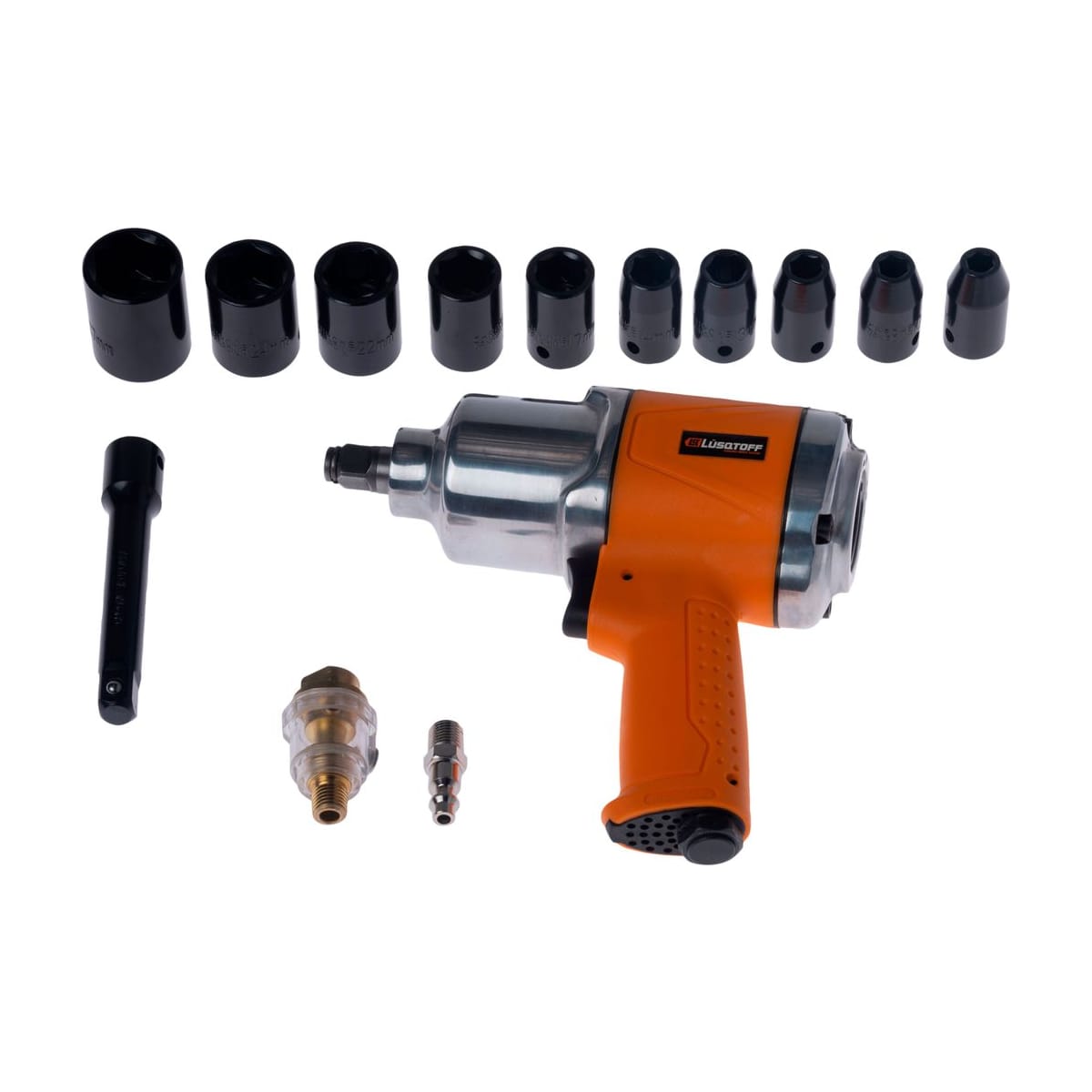 Llave de Impacto Neumática 1/2" 310Nm 90 PSI + 10 Bocallaves + Extensión + Filtro Lubricador + Maletín LX-001 - Lusqtoff