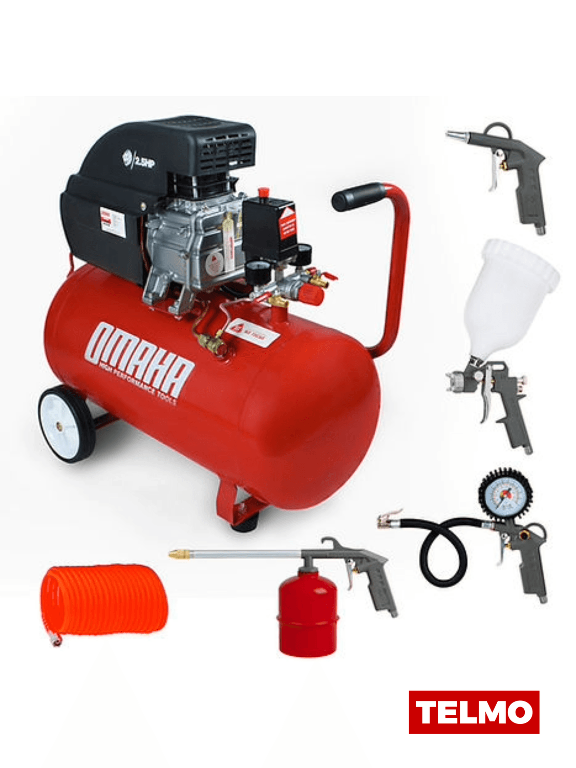Compresor Aceite 2,5HP 50L 206L/min 8 Bar 220V + Kit Pintar 5 Piezas WD-2550BK - Omaha