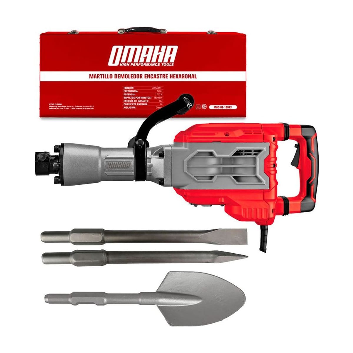 Martillo Demoledor 1700W 60J Hexagonal + 2 Cinceles + Maletín DE-16HEX - Omaha