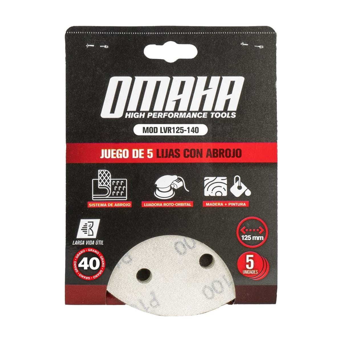 Lija Circular Abrojo 125mm Grano 40 5 Unidades LVR125-140 - Omaha