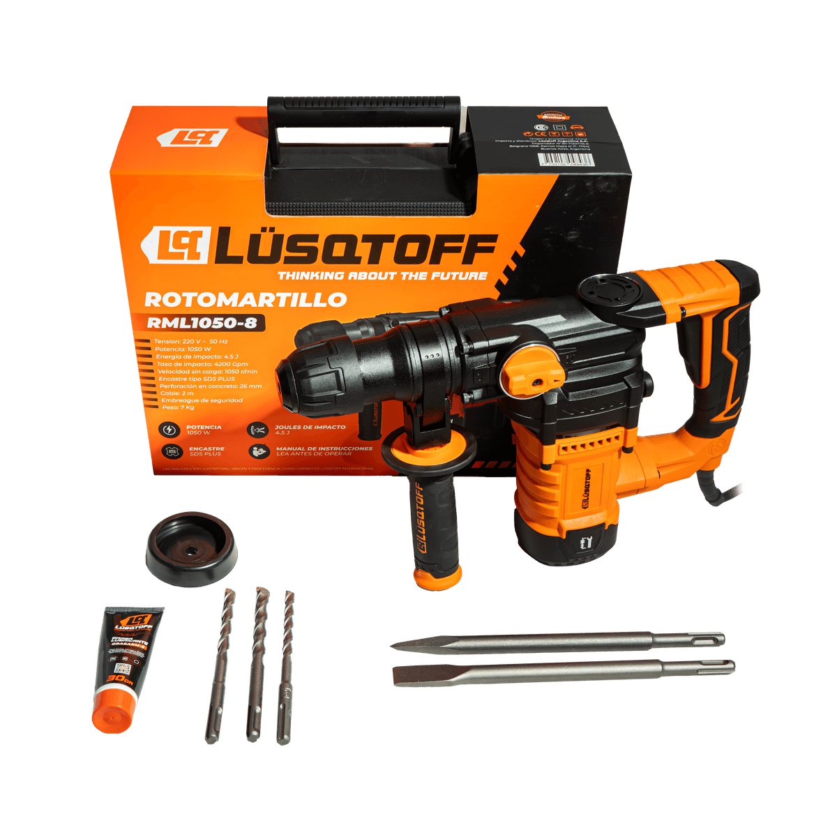 Rotomartillo SDS Plus 1050W 4.5J 26mm + 3 Mechas + 2 Cinceles RML1050-8 - Lusqtoff