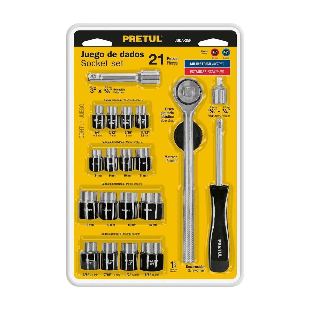 Juego Dados 21Pz 1/4" 3/8" JUDA-25P - Pretul