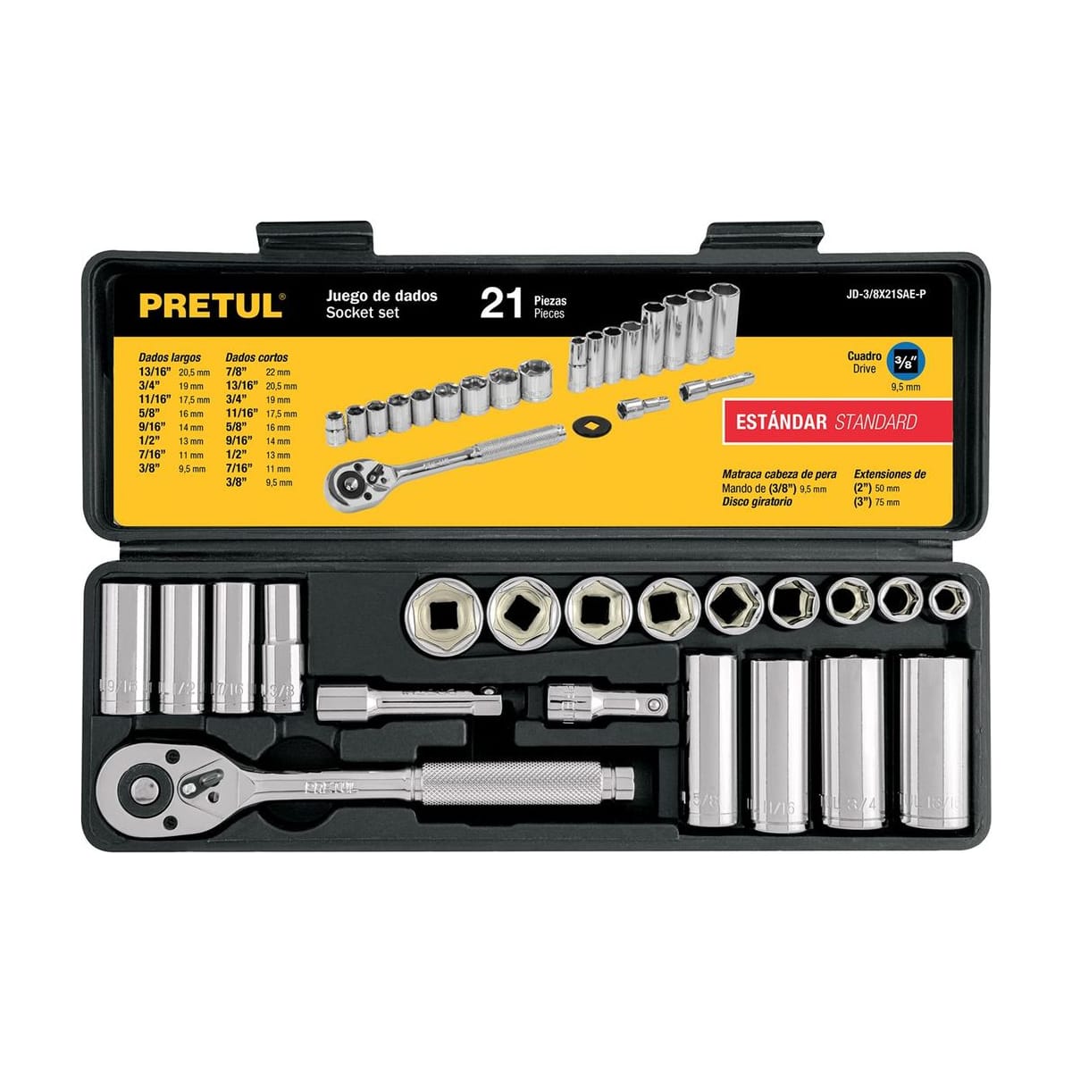 Juego Dados 21Pz 3/8" STD JD-3/8X21SAE-P - Pretul
