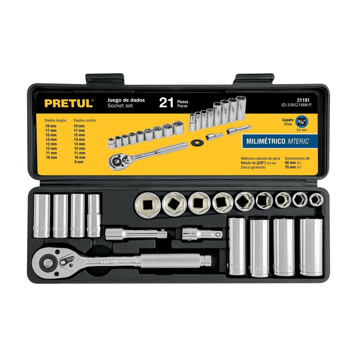 Juego Dados 21Pz 3/8" MM JD-3/8X21MM-P - Pretul