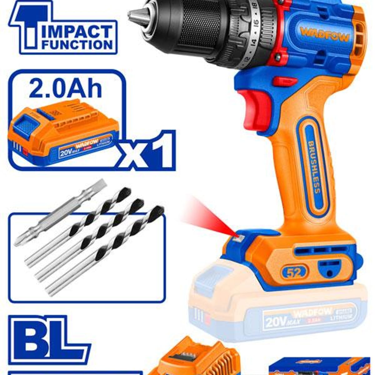 Taladro Percutor A Batería 20V 52Nm 13mm WCDP5282-4 - Wadfow