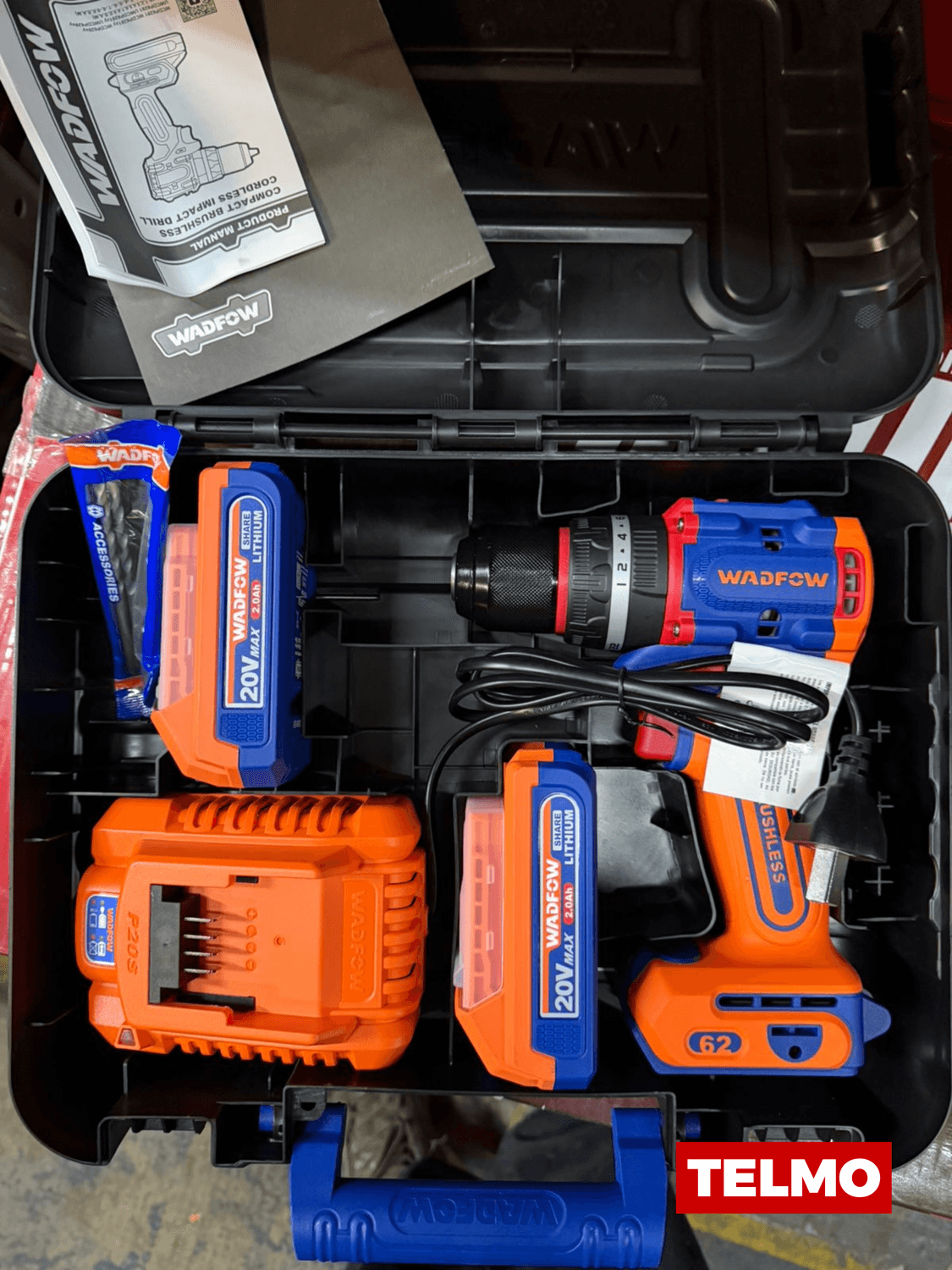 Taladro Percutor A Batería Brushless 20V 62Nm 13mm + 2 Baterías 2Ah + Cargador + Maletín WCDP6281-4 - Wadfow, foto real