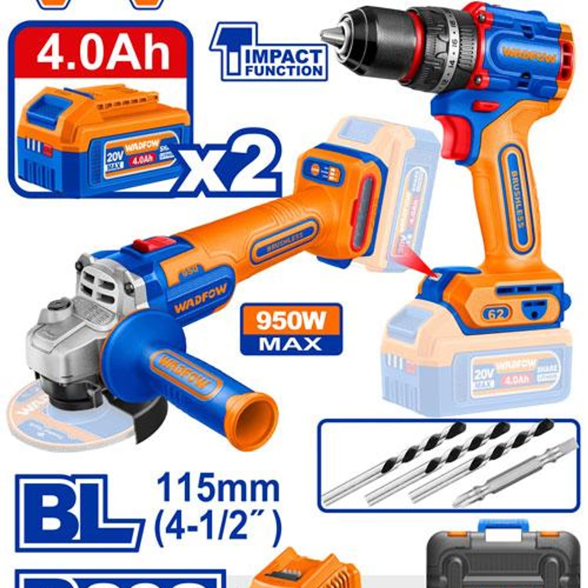 Combo Atornillador Percutor + Amoladora Angular A Batería 20V WCK20273-4 - Wadfow