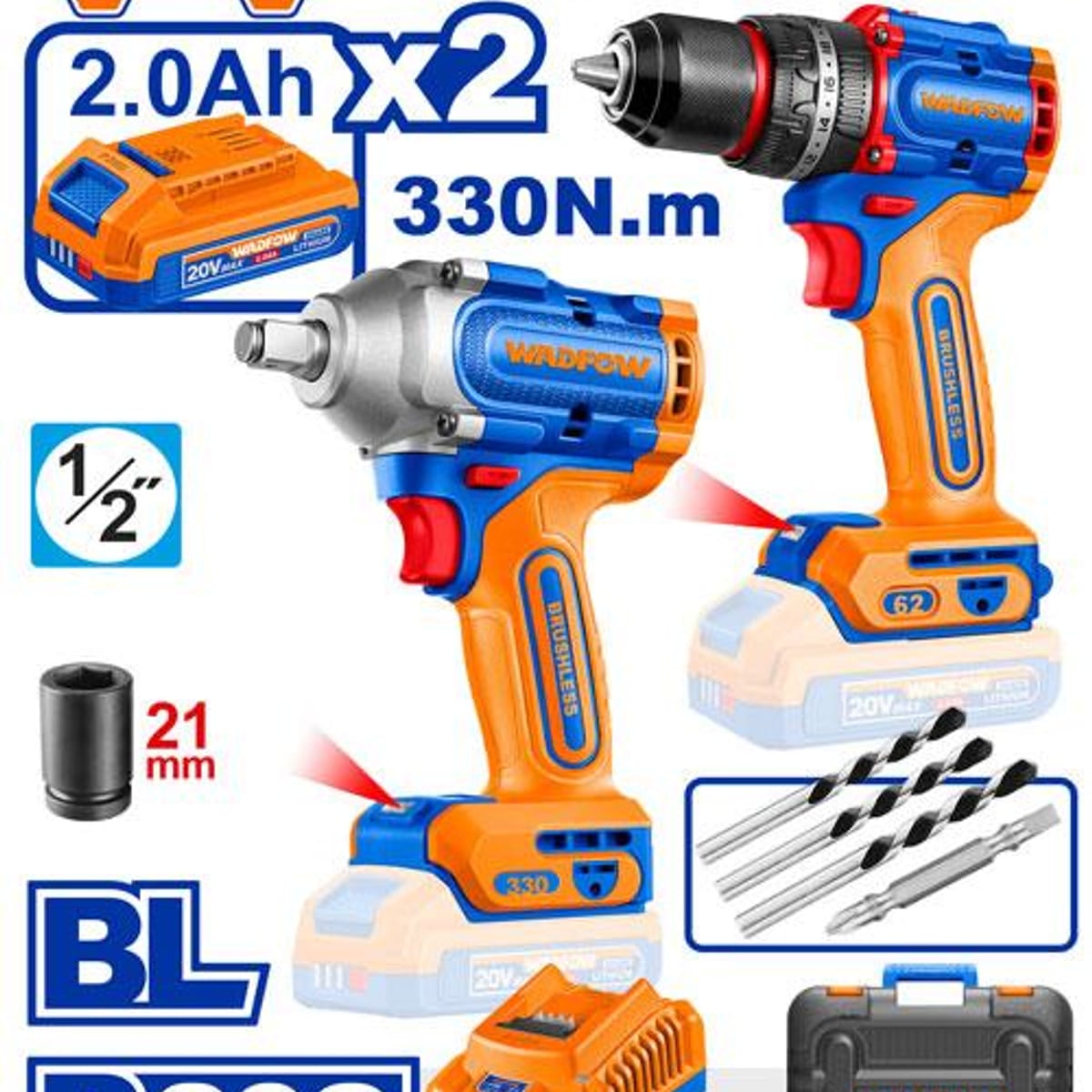 Combo Llave Impacto 330Nm + Atornillador Percutor 62Nm WCK202754 - Wadfow