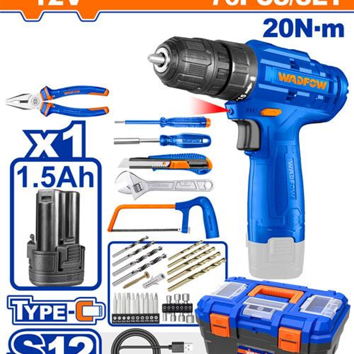 Set Taladro Atornillador A Batería 12V USB-C 76 Piezas WDT1B76 - Wadfow