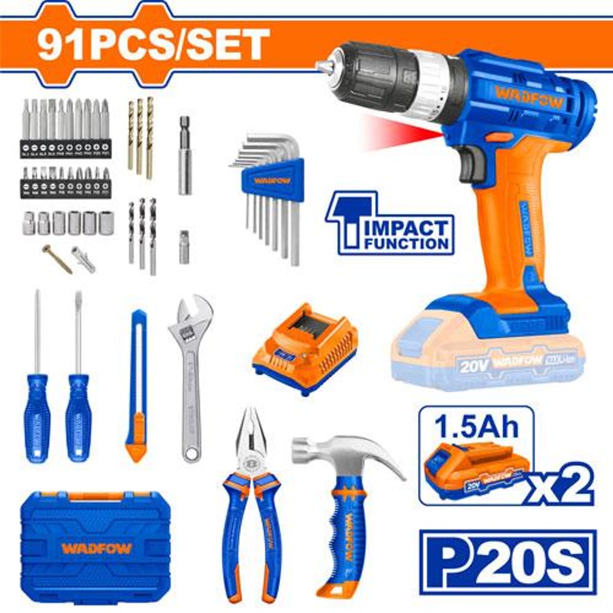 Set Taladro Atornillador Percutor 20V 35Nm 91 Piezas WDT1B90-4 - Wadfow