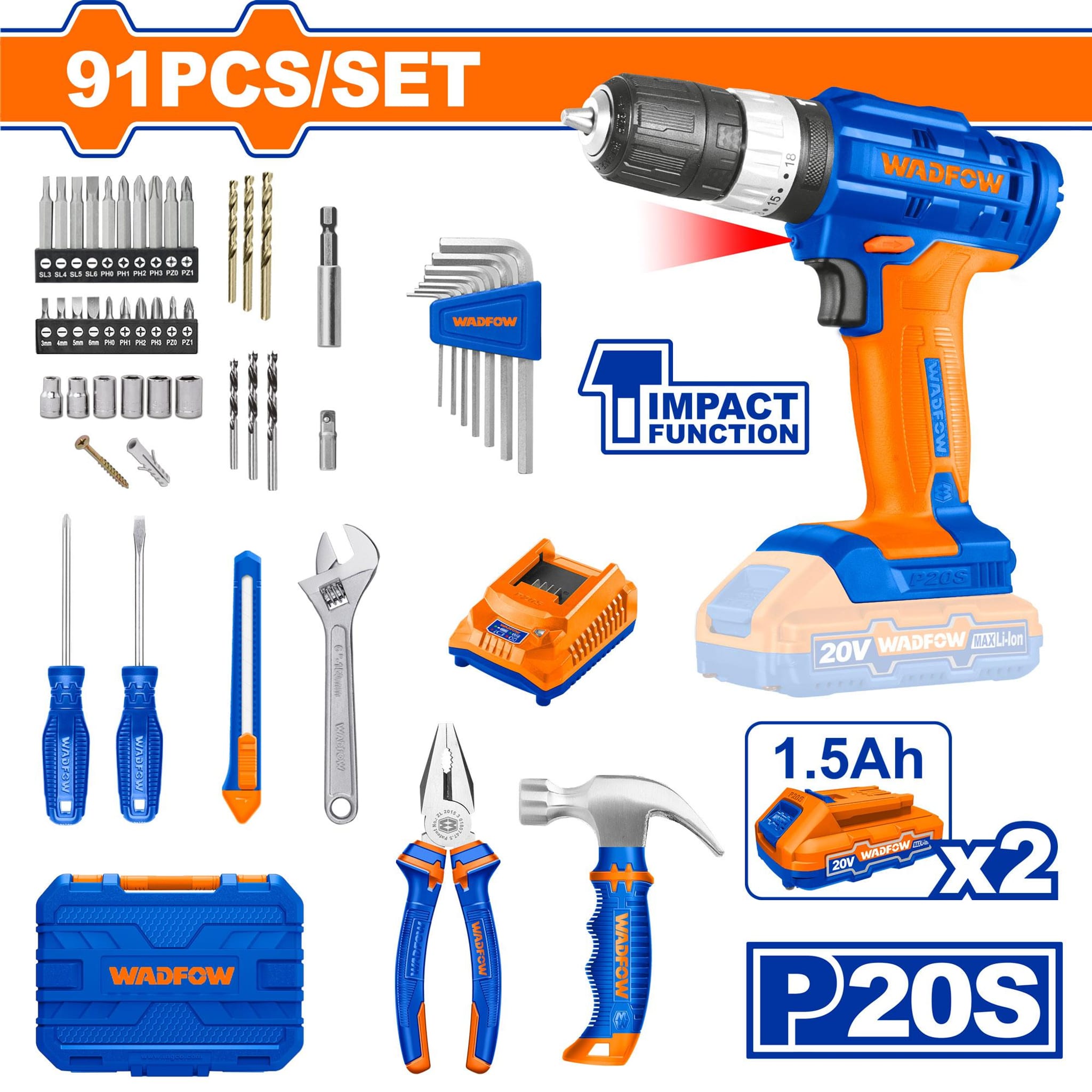 Set Taladro Atornillador Percutor 20V 35Nm 91 Piezas WDT1B90-4 - Wadfow