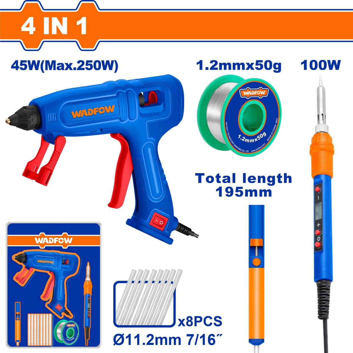 Combo Pistola Pegamento 45W + Soldador Estaño 100W WGLS1401-4 - Wadfow