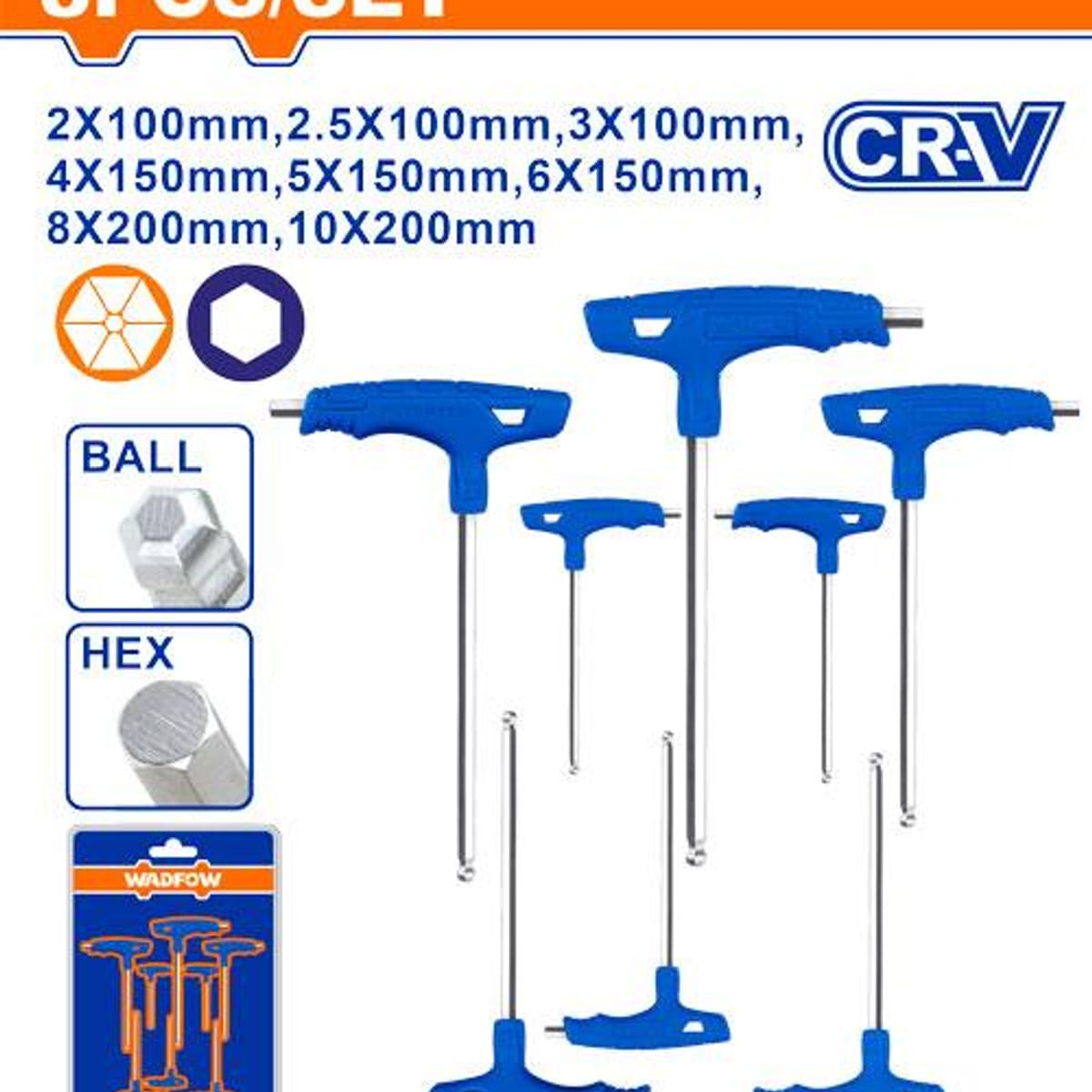 Set Llaves Allen Hexagonales Punta Bola Mango T 2-10mm 8 Piezas WHK2481 - Wadfow