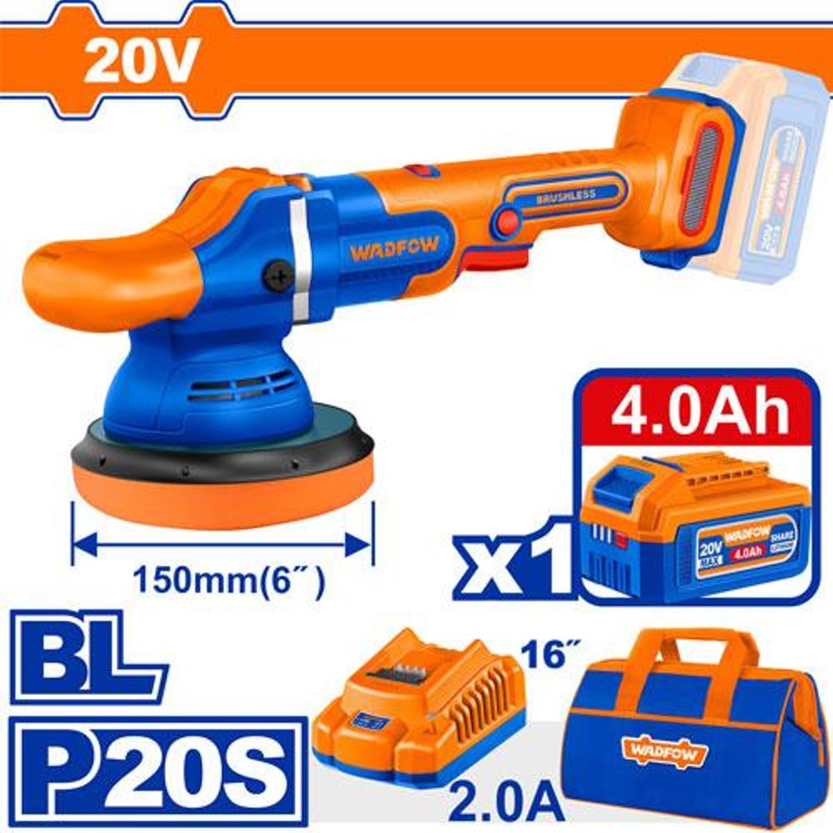 Pulidora 20v Brushless 150mm 2.000 a 4.500rpm + 1 Bat 4ah + Cargador + Bolso WHL2B151-4 - Wadfow