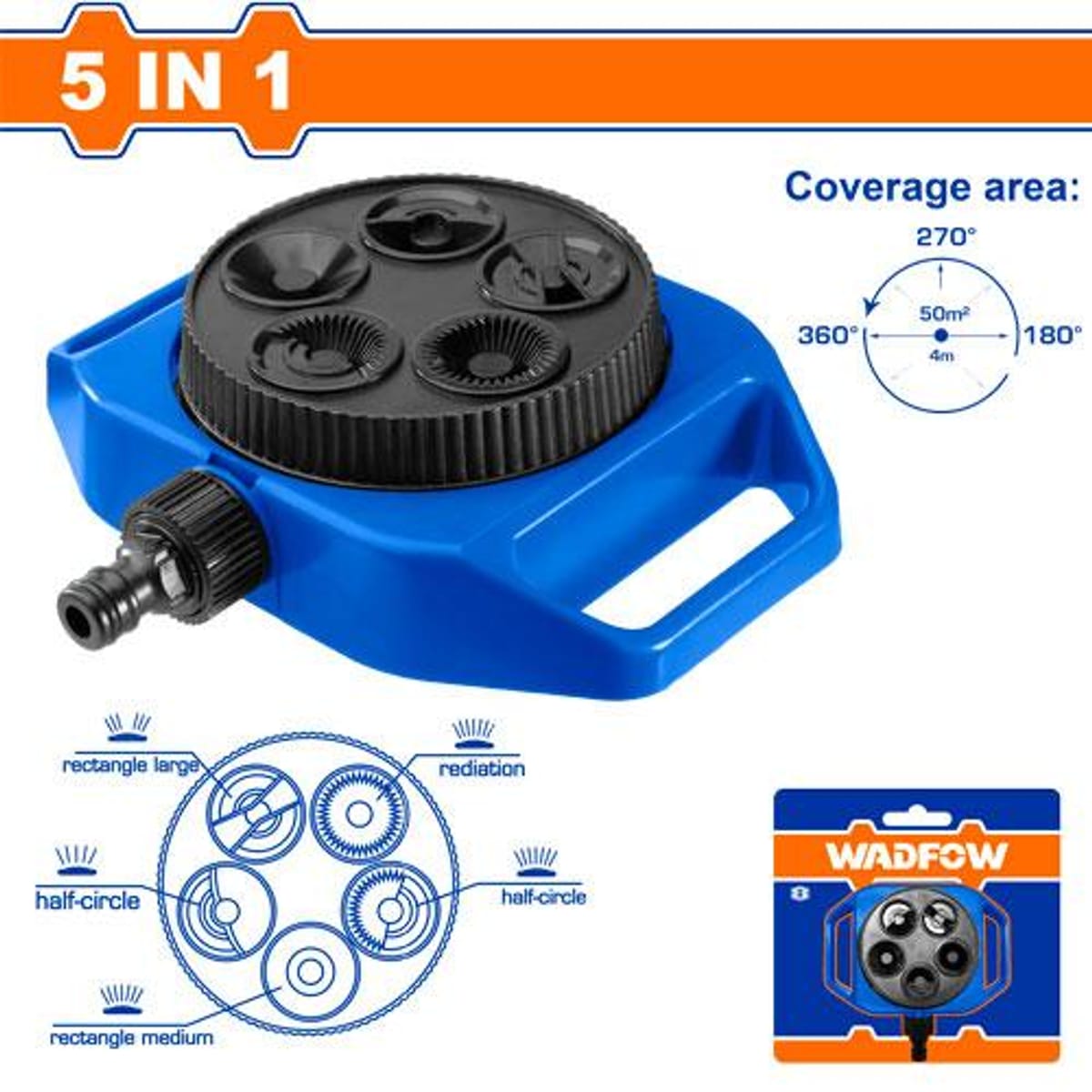 Aspersor Riego Torreta Giratorio 5 Funciones Conector 3/4" ABS WHPS3061 - Wadfow