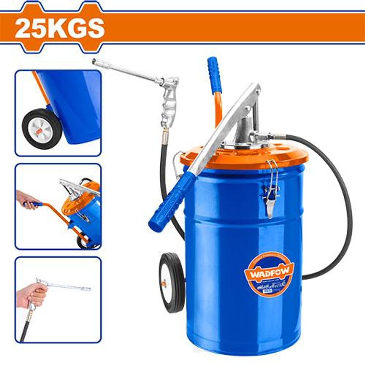 Engrasador Lubricador Manual 25Kg Barril Acero 295mm 3000PSI + Ruedas WHY2A25 - Wadfow