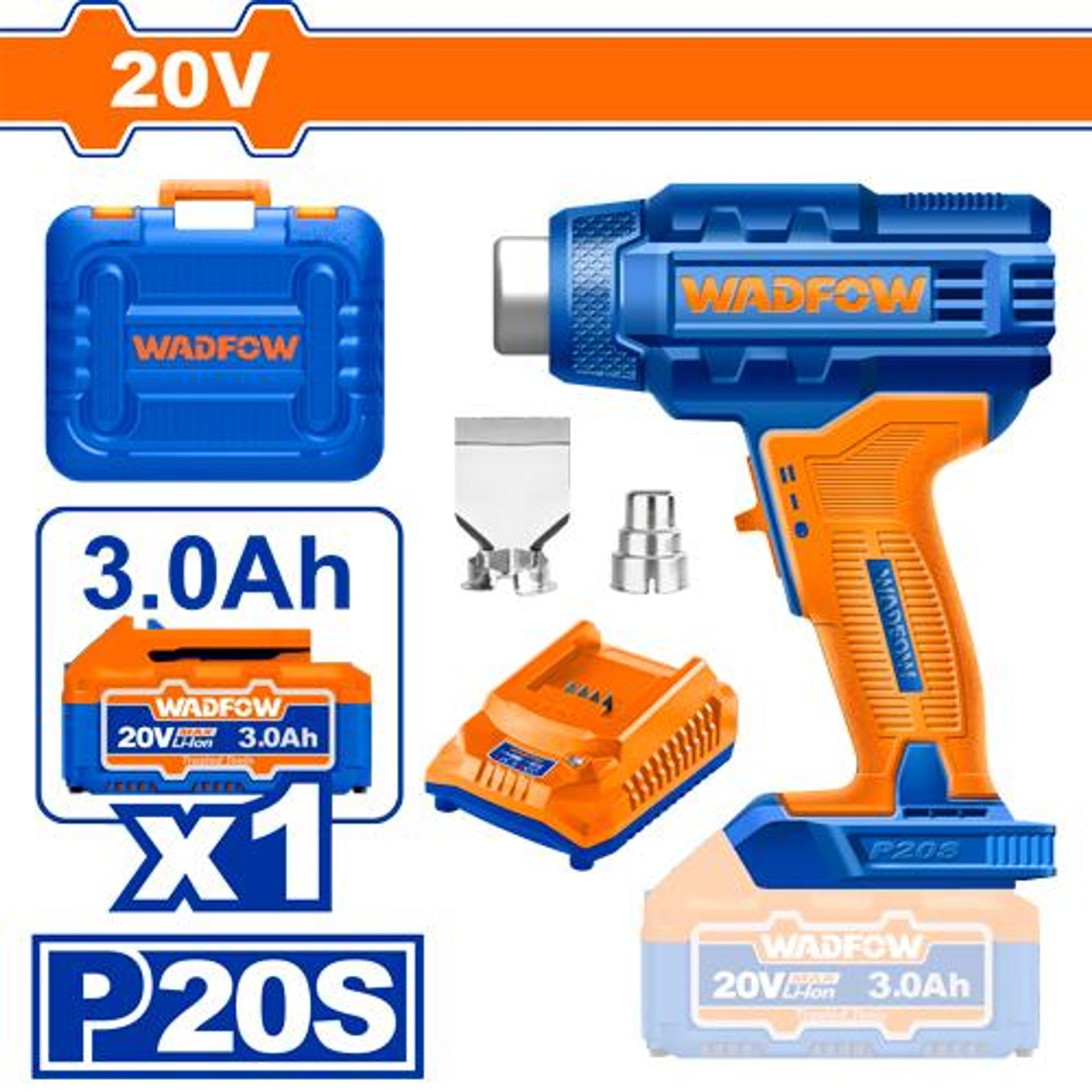 Pistola de Calor A Batería 20V 300-550°C + Cargador + Batería 3Ah WKH1B01 - Wadfow