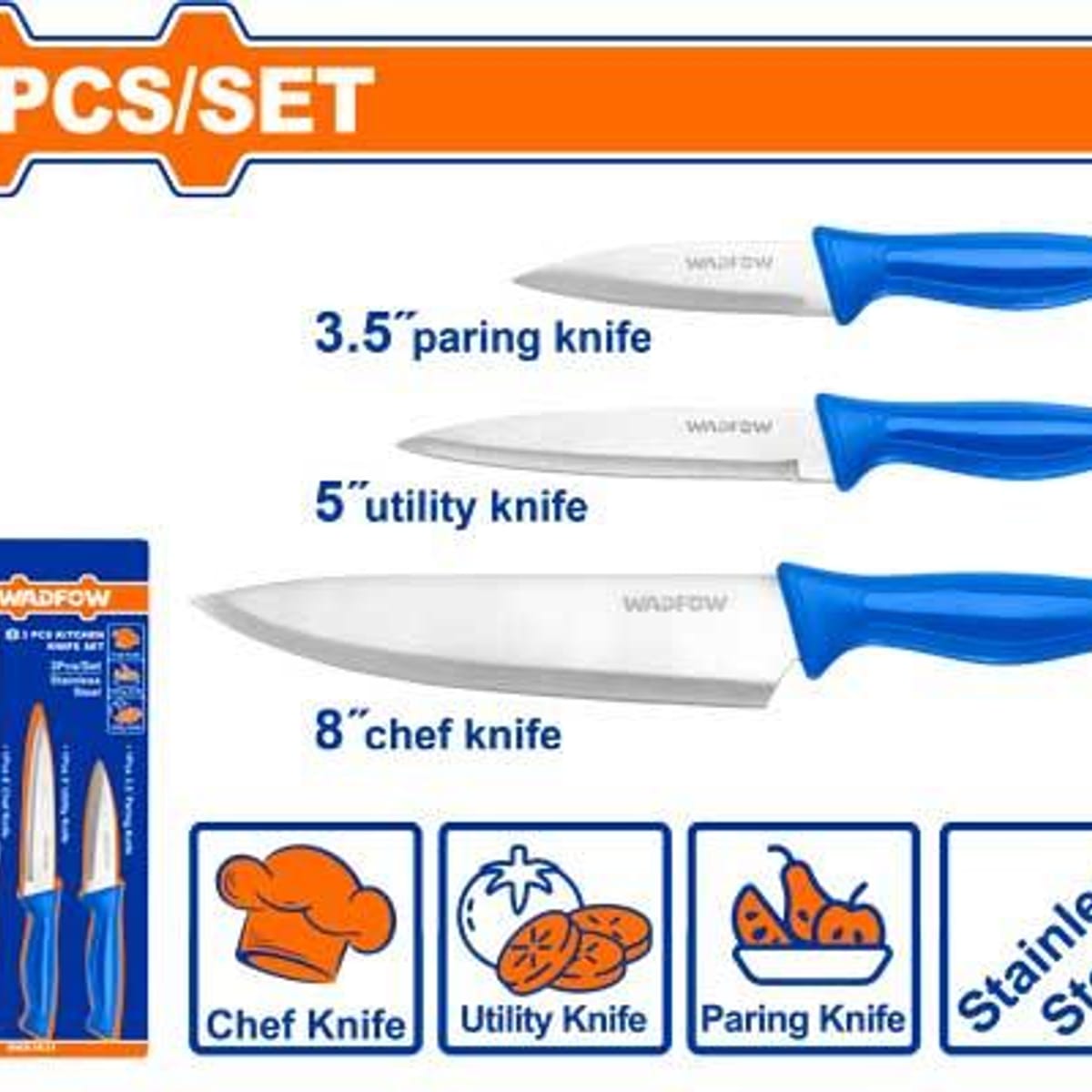 Set Cuchillos Cocina Acero Inoxidable Chef 8" Multiuso 5" Pelar 3,5" 3 Piezas WKK1K31 - Wadfow