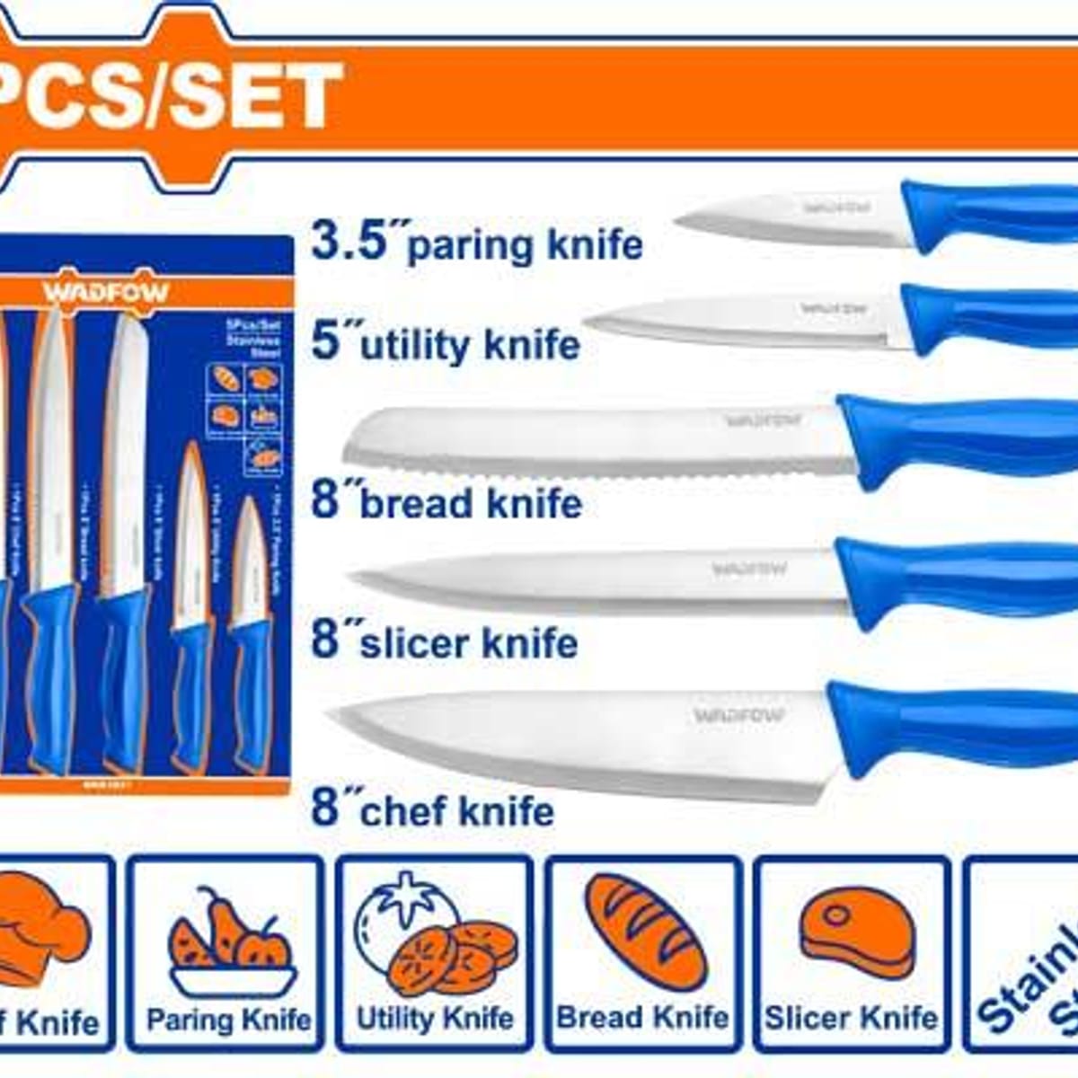 Set Cuchillos Cocina Chef Fileteador Pan Multiuso Pelar 5 Piezas WKK1K51 - Wadfow