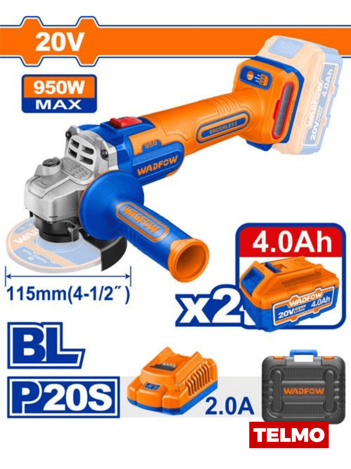 Amoladora Angular 20v 950w Brushless 115mm / 4.5” + 2 Bat 4ah + Cargador WLAP5322-4 - Wadfow