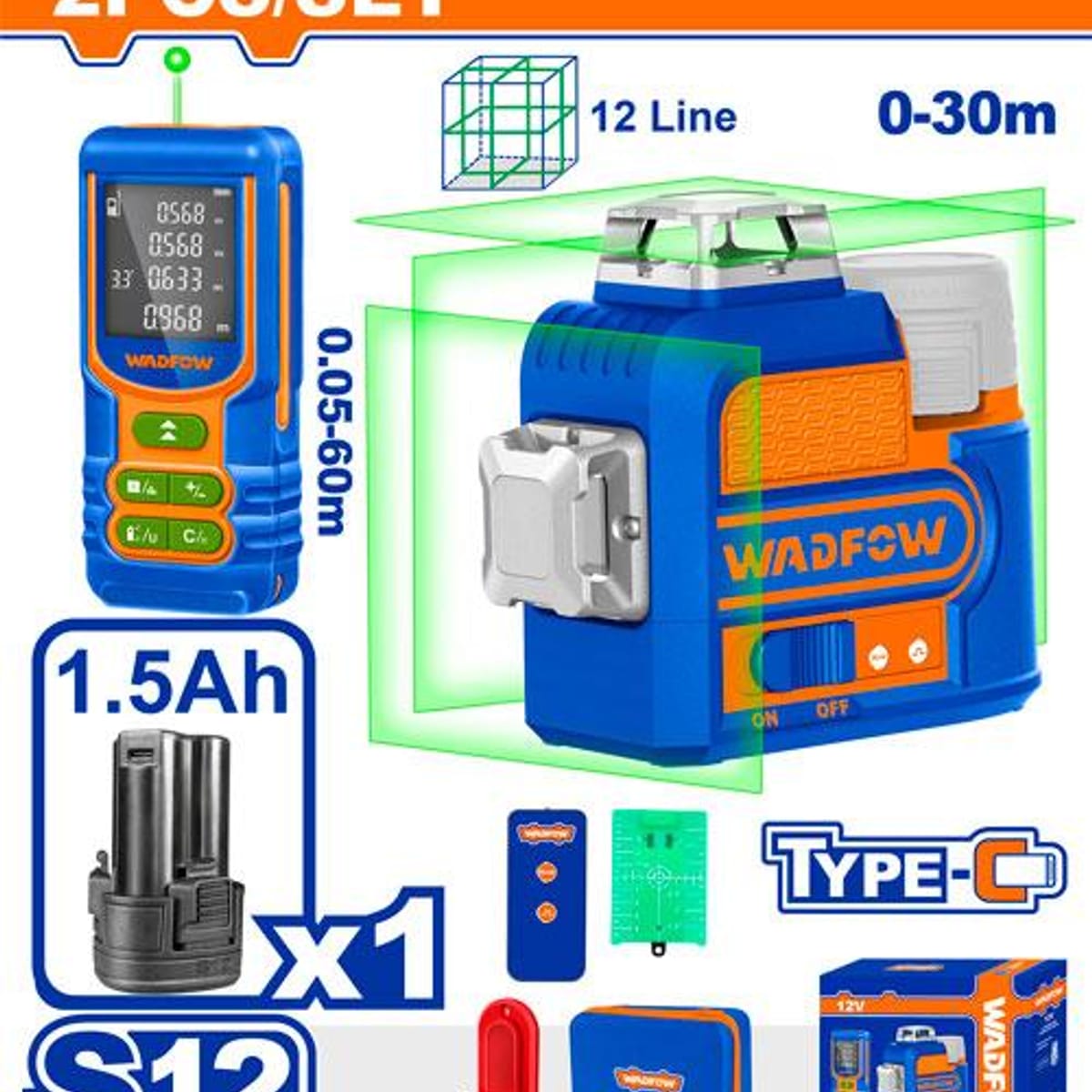Kit Nivel Láser 12 Líneas 0-30m + Medidor de Distancia 0.05-60m WLDK3902 - Wadfow