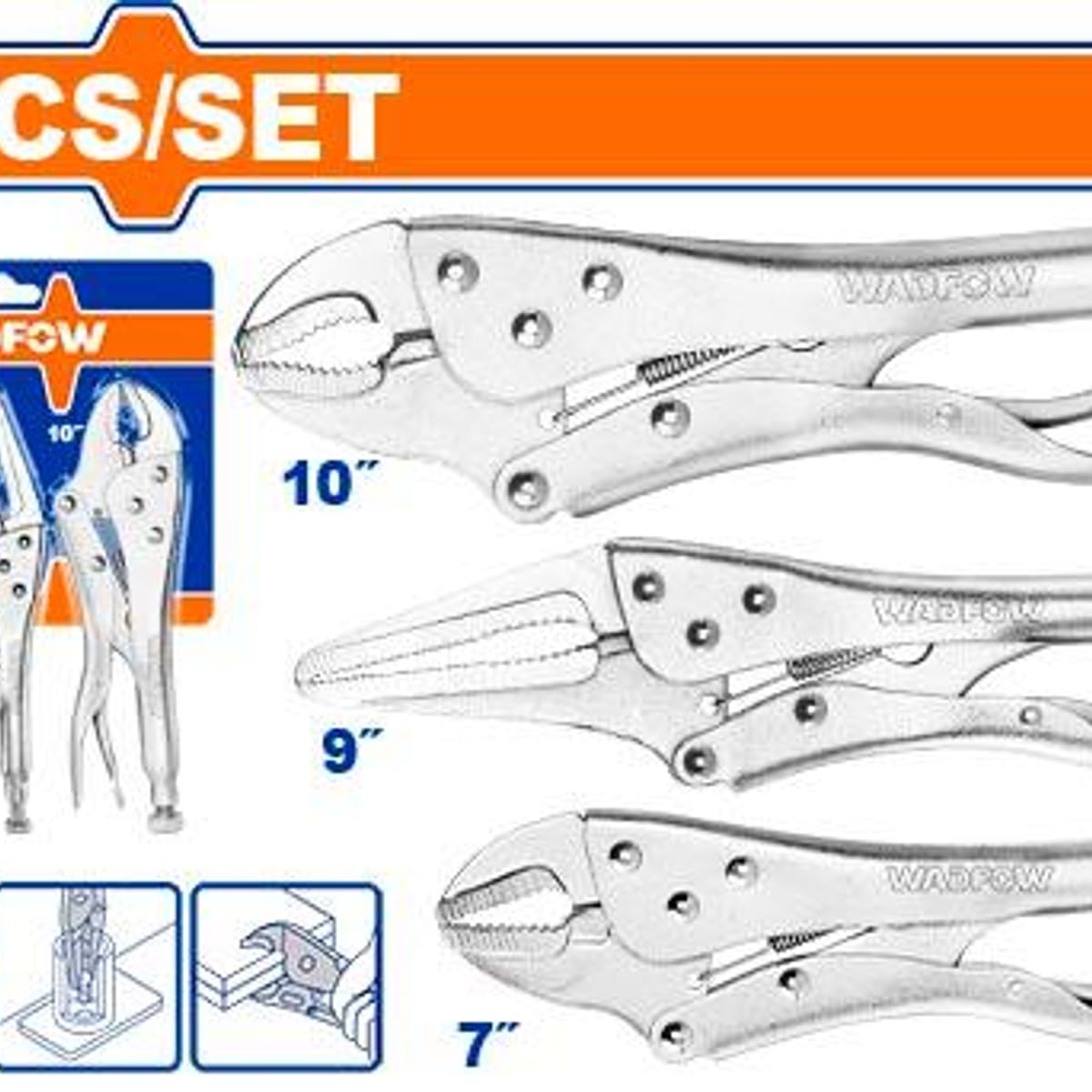 Set Pinzas Morsa Recta 7" Punta Larga 9" Curva 10" 3 Piezas WLP5703 - Wadfow