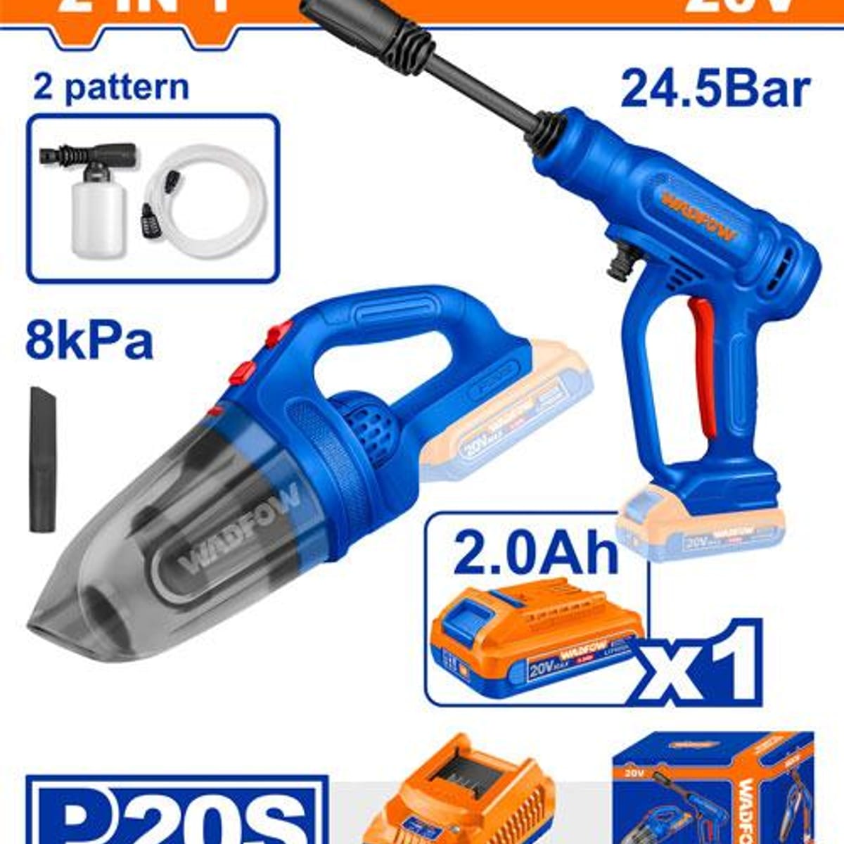 Kit Aspiradora de Mano + Hidrolavadora 20V a Batería 24.5 Bar + Batería + Cargador WDFWOSLI202024 - Wadfow