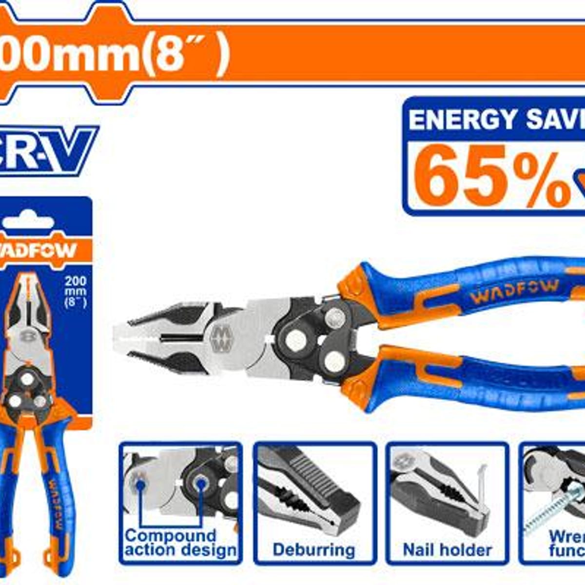 Alicate Combinado Acción Compuesta Cr-V 8" 200mm WPL1768 - Wadfow