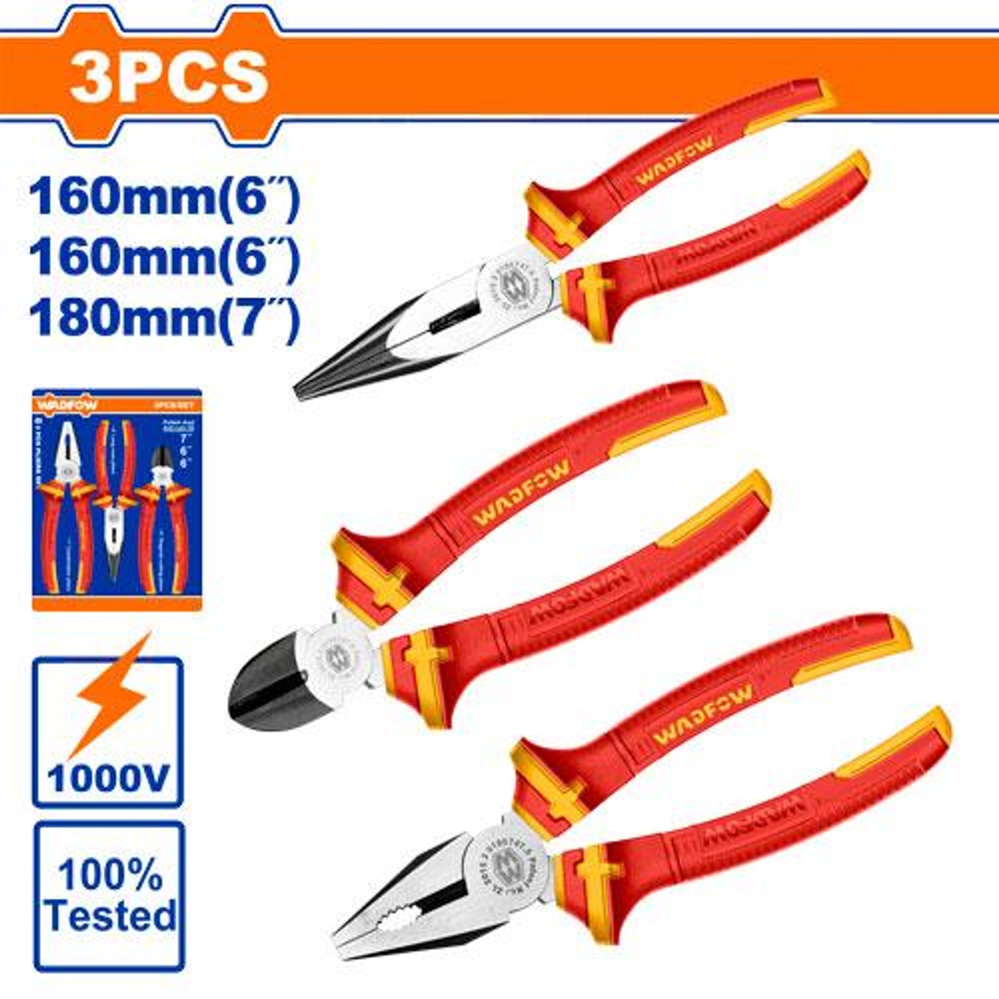 Set Alicates Aislados 1000V Universal Punta Larga Corte Diagonal 3 Piezas WPS0633 - Wadfow