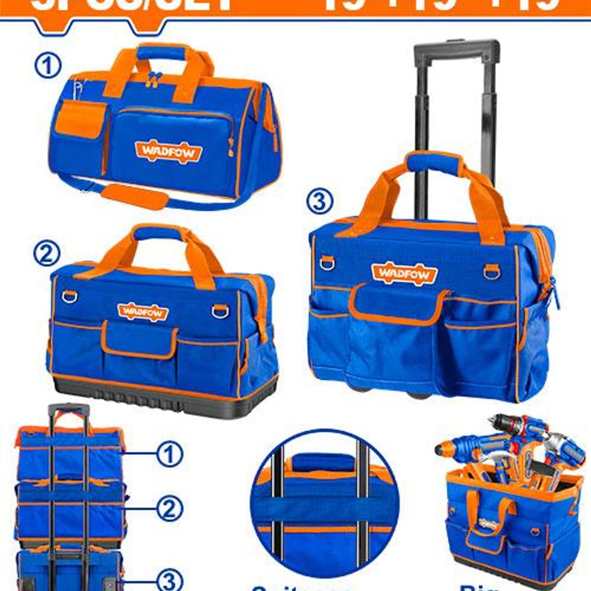 Set Bolsos Porta Herramientas Apilables 19" Ruedas Estructura Metálica 3 Piezas WTGR103 - Wadfow