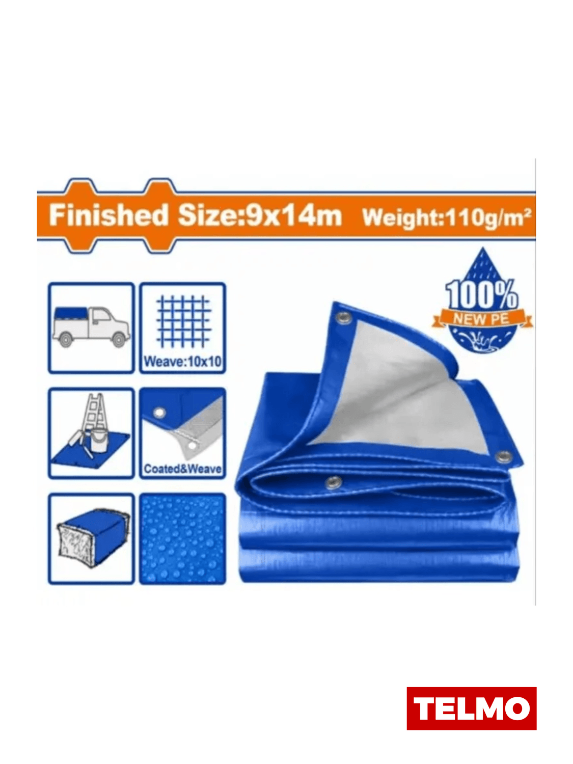 Lona Polietileno Impermeable 9x14m 110g/m² Ojales Aluminio WTQ1894 - Wadfow