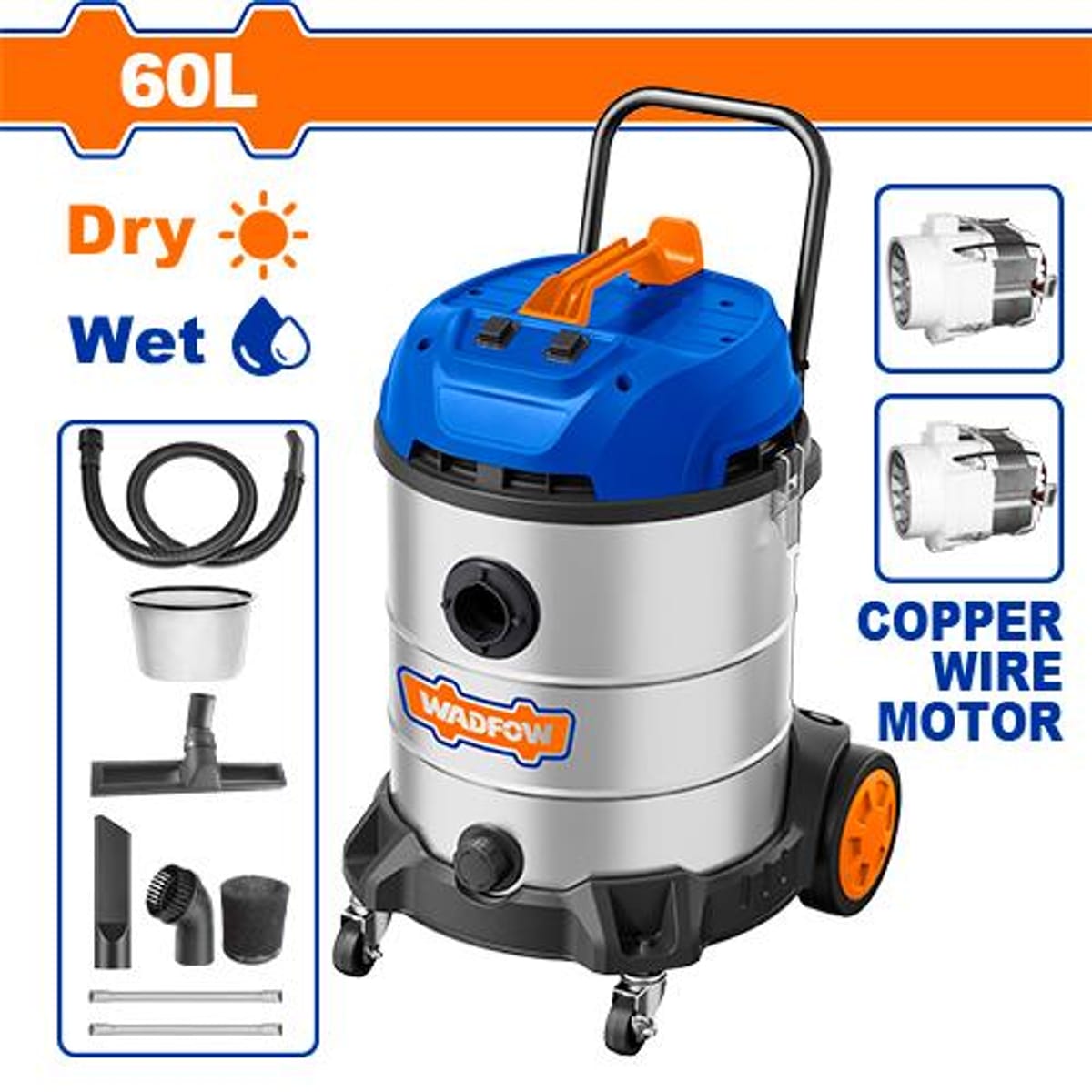 Aspiradora Seco Húmedo 60L 2400W Tacho Acero Inoxidable WVR5A60 - Wadfow