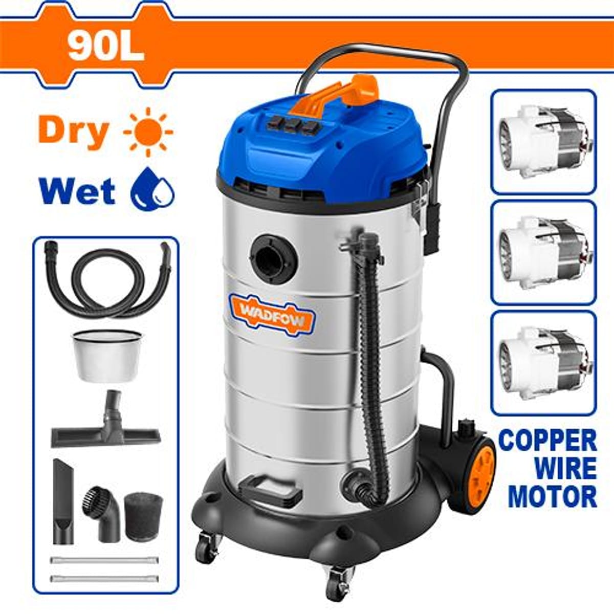 Aspiradora Seco Húmedo 90L 3600W 3 Motores Acero Inoxidable WVR5A90 - Wadfow